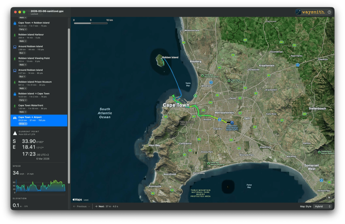 Waysmith showing a day from my South Africa trip: a sidebar of trip legs on the left, with ferry, walk, bus, and drive segments, and a satellite map of the Cape Town area on the right, tracing the ferry out to Robben Island and back and then the drive to Cape Town International Airport.